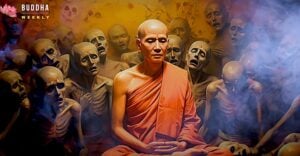 Monk meditating with suffeirng spirits Buddha Weekly