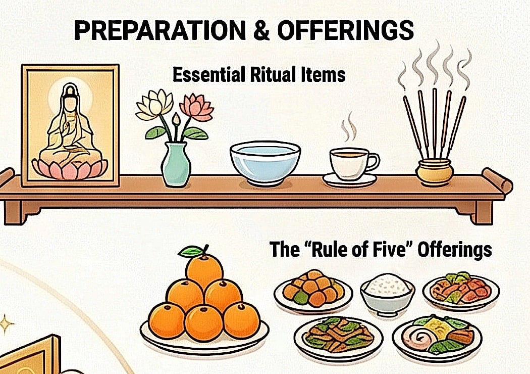 Preparation of Offerings Rule of Fives Guanyin dayBuddha Weekly