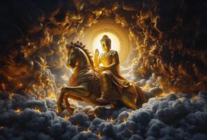 Ratnasambhava, the Buddha of the Jewel Family and his sacred animal the horse. Ratnasambhava's practice is the four generosities, and his WIsdom of Equality overcomes the poison of Pride. He is the southern Buddha.