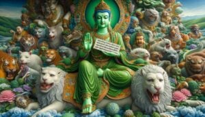 Sage of Splendid Lion Sthirasimha Muni teaches in the Animal Realm, where the poison is ignorance. He is green and carries a Dharma Text.