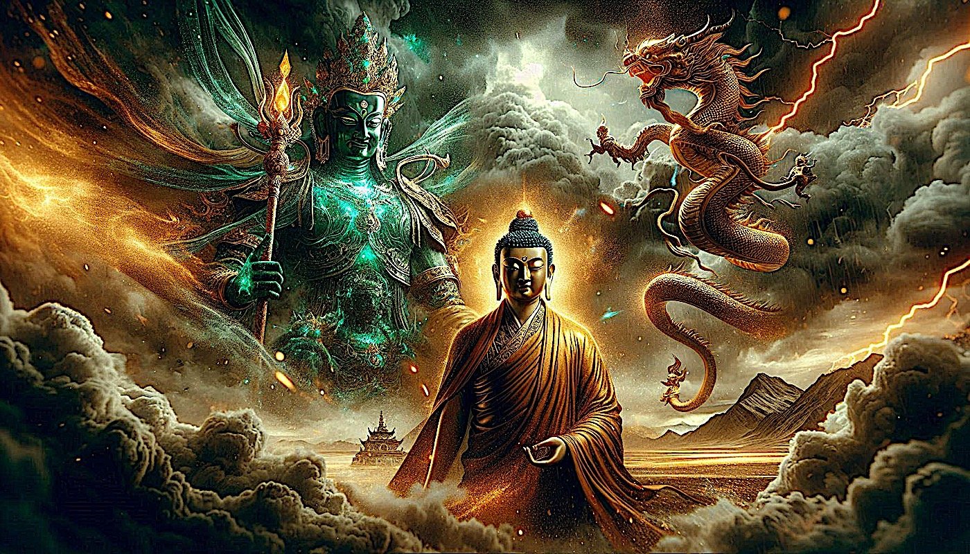 Chapter 14 2 A dramatic and fanciful visualization of Satamapati the Lightning king in the North, with his staff. He is emerald in color.