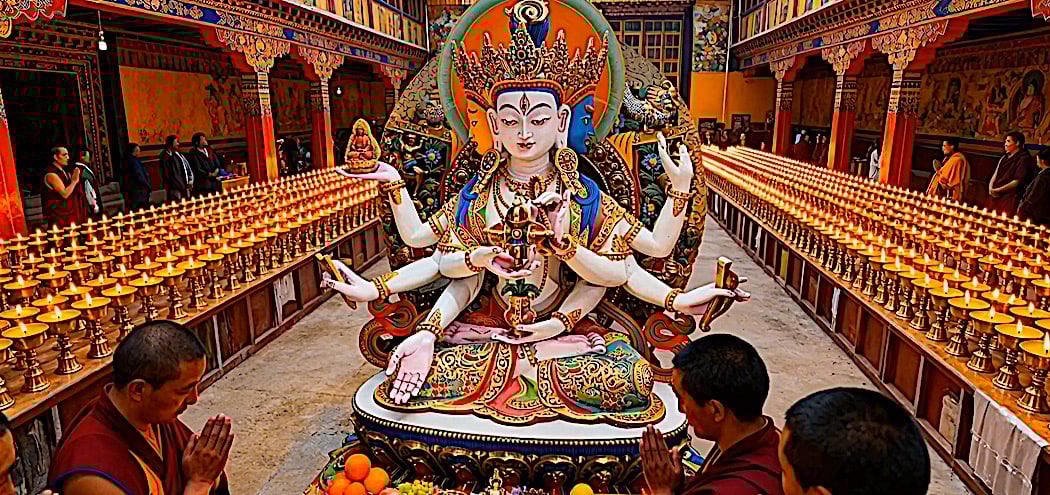 Ushnisha Vijaya Statue with offerings temple monksBuddha Weekly