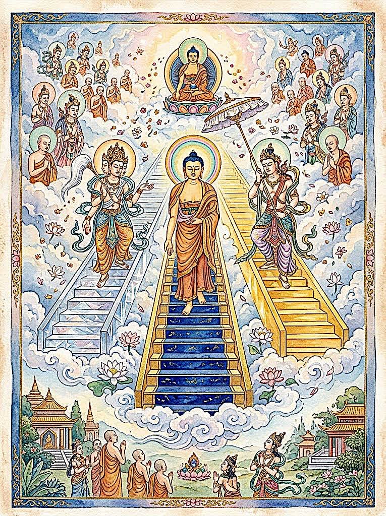 Watercolor of Buddhas Descent from HeavenBuddha Weekly