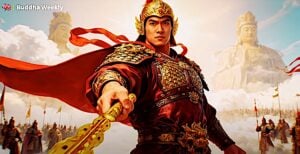 Wei Tuo Pusa Dharma Protector in a scene from Buddha Weeklys documentary on Wei Tuo showing him as the General of the Heavenly Armies fighting the Maras or obstacles.Buddha Weekly