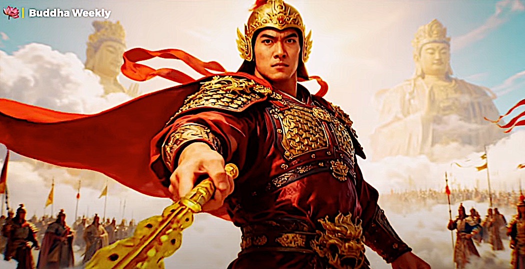 Wei Tuo Pusa Dharma Protector in a scene from Buddha Weeklys documentary on Wei Tuo showing him as the General of the Heavenly Armies fighting the Maras or obstacles.Buddha Weekly