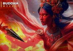 The 6th of 21 Taras is Red Tara who Controls Three Worlds. Symbolizing this, her implement is the Sacred Phurba, three edged blade.