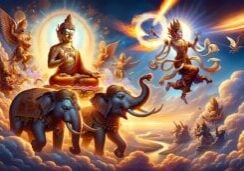 8th Miracle, Buddha manifests elephants, protectors and Vajrapani to destroy the thrones of the heretics.