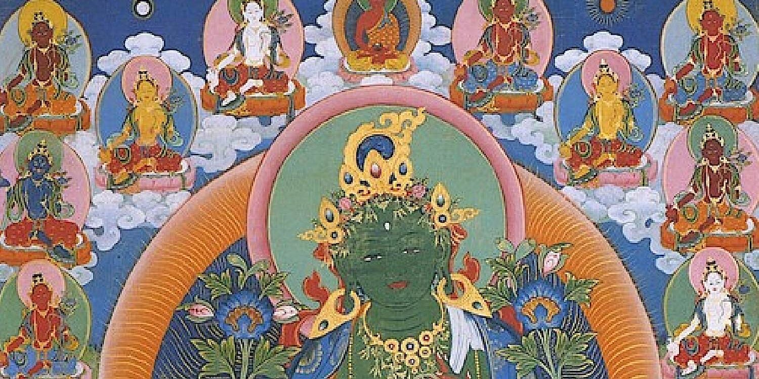 21 Taras in the Atisha tradition, with Green Tara as the center of the mandala. Detail from a canvas from Himalayan Art.
