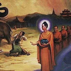 Shakyamuni subdues an elephant with loving kindness and the Abhaya gesture. The elephant was enraged by evil Devadatta.
