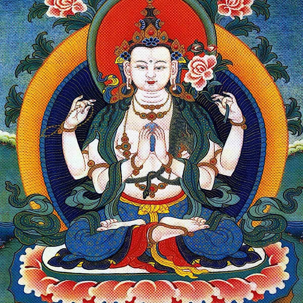 The compassionate Buddha, 4-Armed Chenrezig. Normally Nyung Nye practice requires empowerment, although it can be undertaken with most Kriya Tantra empowerments, including Tara.