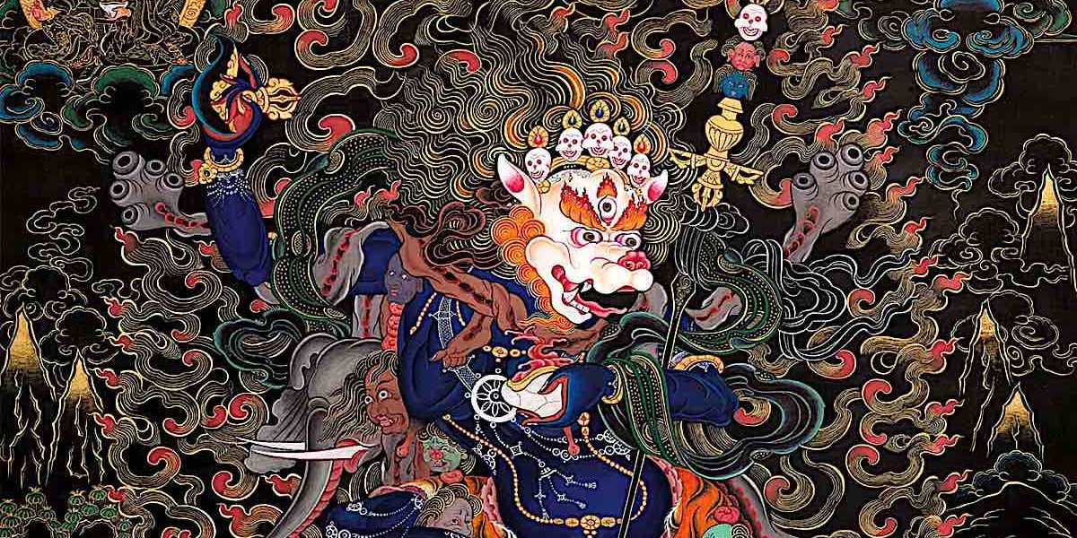 Simhamukha, the Lion-Faced Dakini, is a Highest Yoga Tantra Yidam in Tibetan Buddhism. 