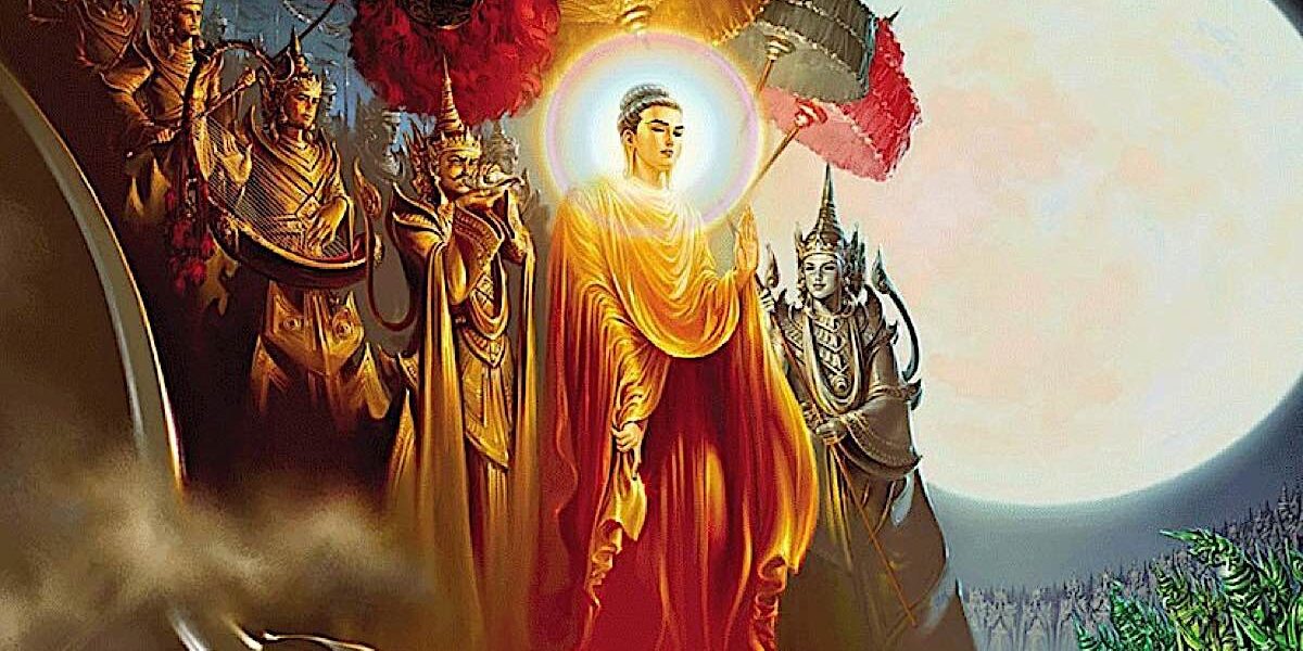 Buddha descends from Tushita heaven, one of the Eight Great Deeds of the Buddha — celebrated on Lhabab Duchen.