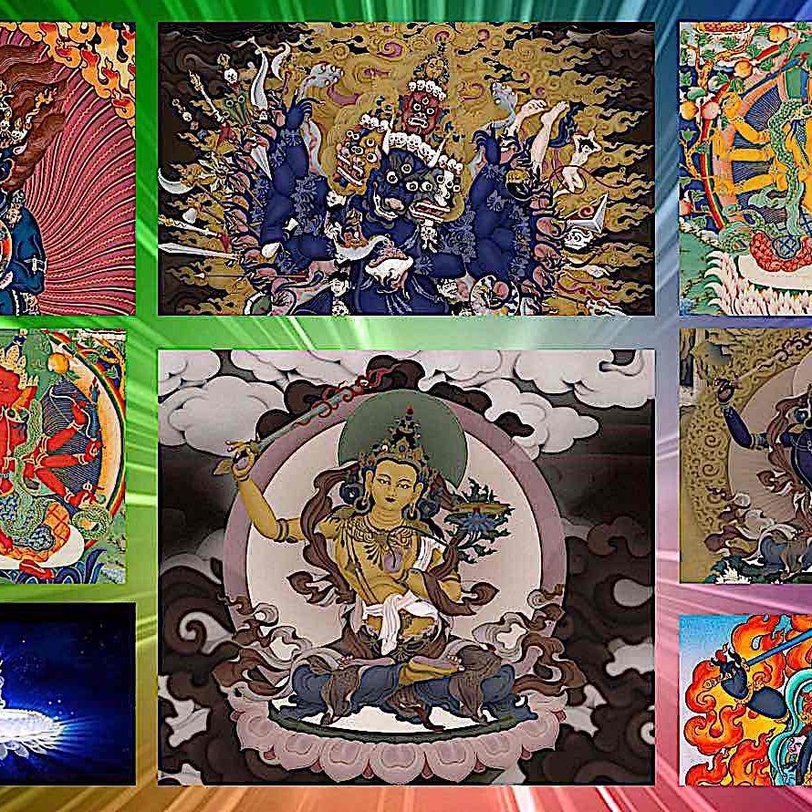 Buddha-Weekly-Buddha-Weekly-Many faces of Manjushri Yamantaka Black Manjushri-Buddhism-Buddhism The many faces of Wisdom and Compassion: Top right ferocious Yamantaka (two arms), top centre Yamantaka with nine heads — Manjushri's head on top — top right a rarer tantric form, centre bottom Orange Manjushri with Wisdom Sword, bottom right centre Peaceful Black Manjushri, bottom Right Wrathful black Manjushri and bottom left, the syllable Hum on a Lotus.