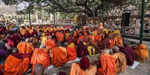 Buddhist Monks sitting under the ancestor of the Bodhi Tree under which Shakyamuni Buddha attained Enlightenement in Bodhgaya India.