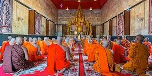 Most traditions of Buddhism hold chanting of Sutras as a primary practice of great merit. Here monks are chanting in Kanchanburi Thailand in front of a golden Buddha.