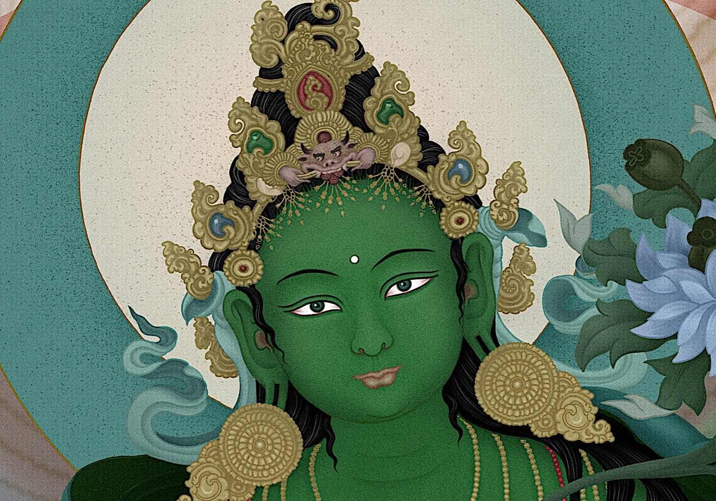 Chittamani Tara's face, a detail from a painting by Jampay Dorje (Ben Christian).