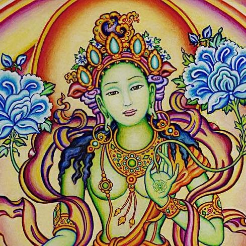 Buddha-Weekly-Chittamani Tara feature horizontal-Buddhism Chittamani Tara is similar in appearance to Green Tara — in fact she is Green Tara — although she is visualized with two lush blooming Uptala flowers over each shoulder. (Uptala is "night lotus) and blue.