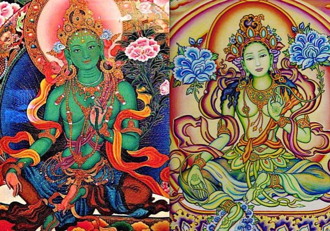 Green Tara (left) is similar to Chittamani Tara (right). In fact they are the same being, but differ in visualization. Green Tara normally has one lotus (day lotus normally) in her left hand, blooming over her shoulder, while Chittamani Tara is distinguished by TWO uptala (blue night lotus) flowers, one over each shoulder. Often, online, the two are confused, and the two-flower Chittamani Tara is labeled as Green Tara. (Which, of course, is fine by Tara, since Tara is Tara.)