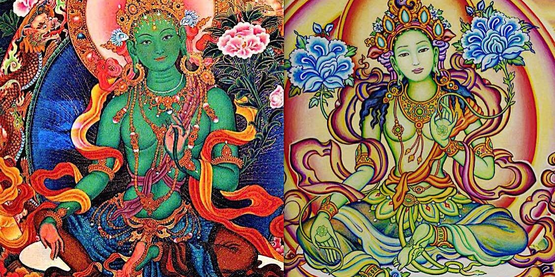 Green Tara (left) is similar to Chittamani Tara (right). In fact they are the same being, but differ in visualization. Green Tara normally has one lotus (day lotus normally) in her left hand, blooming over her shoulder, while Chittamani Tara is distinguished by TWO uptala (blue night lotus) flowers, one over each shoulder. Often, online, the two are confused, and the two-flower Chittamani Tara is labeled as Green Tara. (Which, of course, is fine by Tara, since Tara is Tara.)