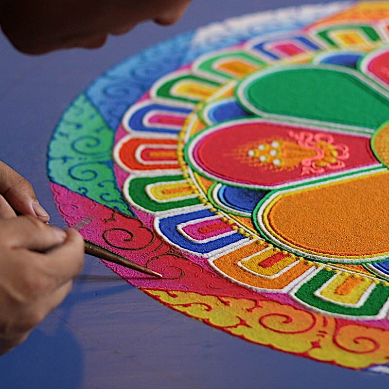 A Tibetan monk diligently creates a sand mandala — a devotional act that shows faith (in the teachings) sufficient to spend days creating an impermanent mandala wit full concentration and meditative attention — and certainly mindfulness! — only at the end to sweep the mandala into the river water (demonstrating impermanence.)
