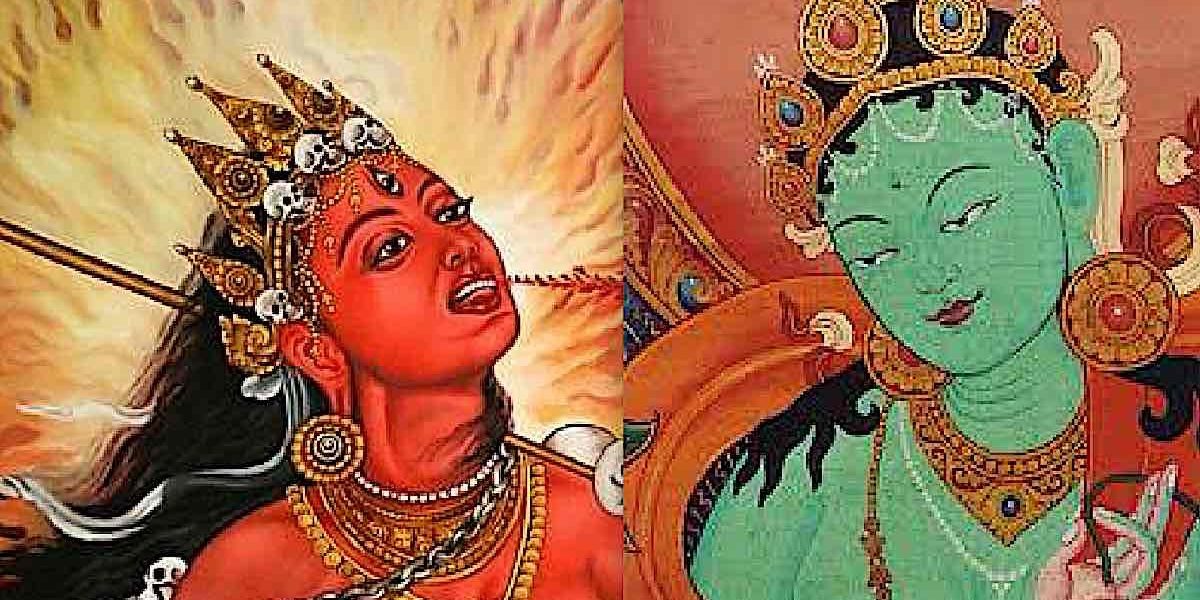 Vajrayogini and Green Tara can be thought of as two aspects of the Wisdom Female Buddha.