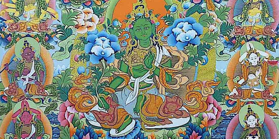 A detail from a thangka of 21 Taras with Green Tara as the center of the mandala.