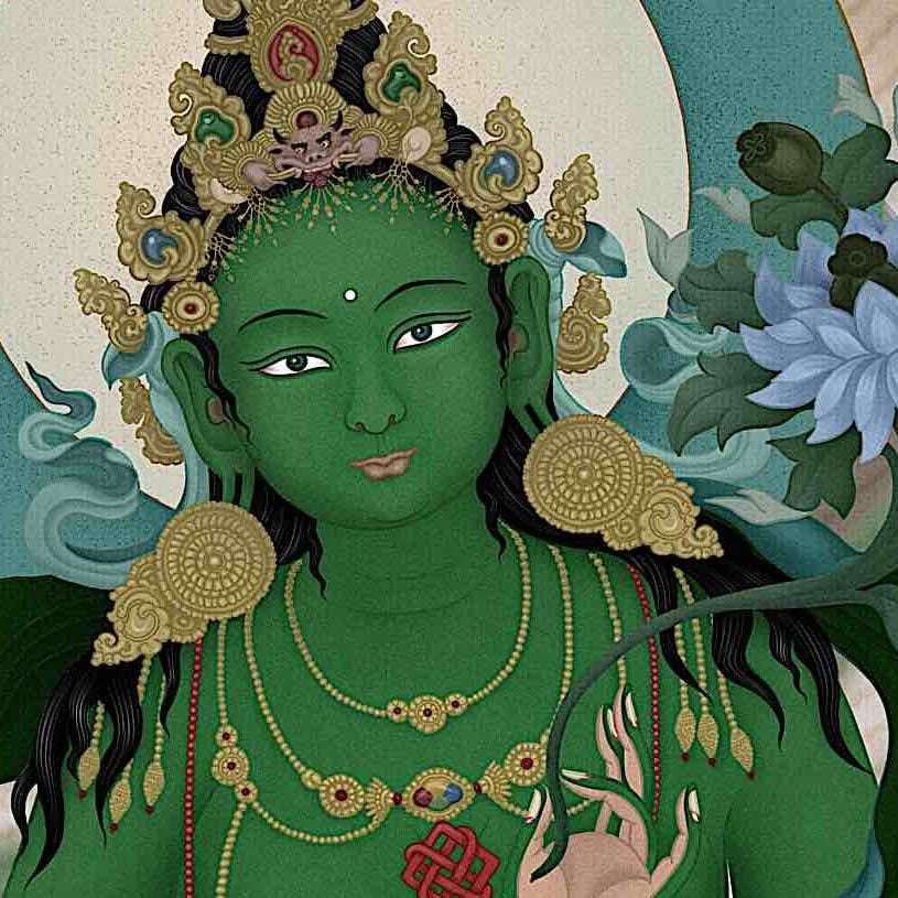 Loving face of the Mother of All Buddhas Green Tara. Detail from art by Ben Christian.