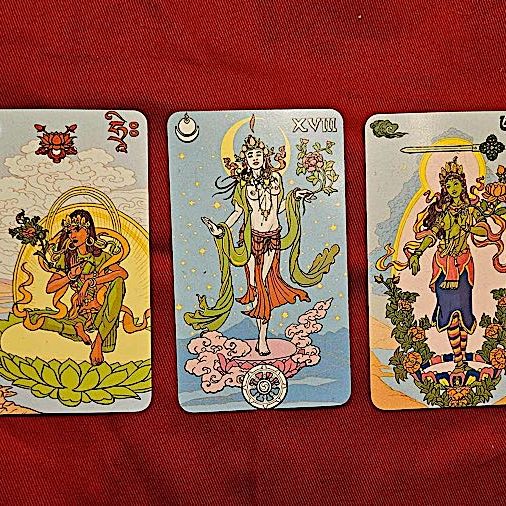 In Mahayana Buddhism, the Female Buddhas represent Perfect Wisdom and are indispensable. In Buddhism, the Female Buddhas sybmolize Perfect Wisdom while the Male Buddhas Represent Perfect Compassion. Both are co-equal partners as methods in Mahayana Buddhism. What is often misunderstood is the concept that even if you practice a single Buddha, for example, Amitabha, he is never separate from his Female Co-Equal Buddha Pandara. Or, if you practice Green Tara as a sole practice, she is never separate from her co-Equal Male Budddha Amoghasiddhi. These are forms, manifesting to help us according to our own preferences and needs. Photo of beautiful artwork in Bruno Letzia's Siddartha Tarot Deck, which is a Vajrayana-inspired deck. Available from Amazon.