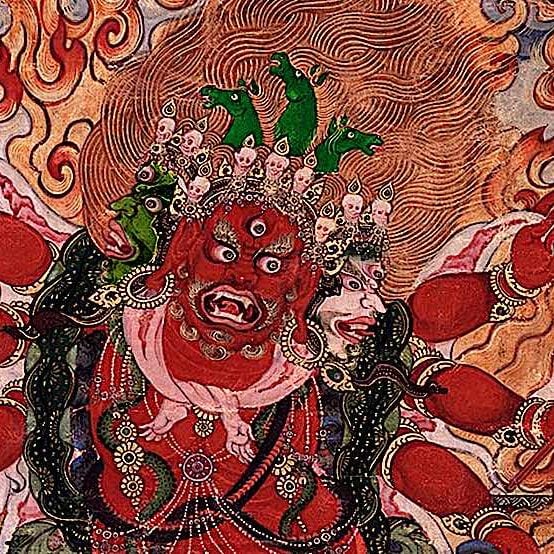 Hayagriva Sandrup closeup with three green horse heads and three faces red centre, green right and white left with six arms, supreme Heruka of the Amitabha Family.
