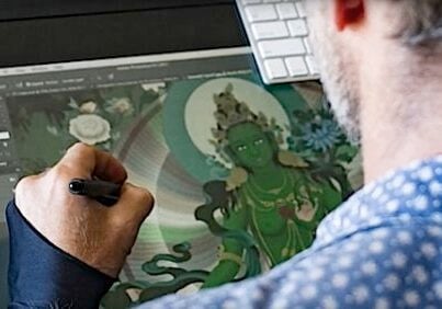 Jampay Dorje (Ben Christian) at work on a Green Tara Thangka, which is now available for downloads and as prints on his website at JampayDorje.com.