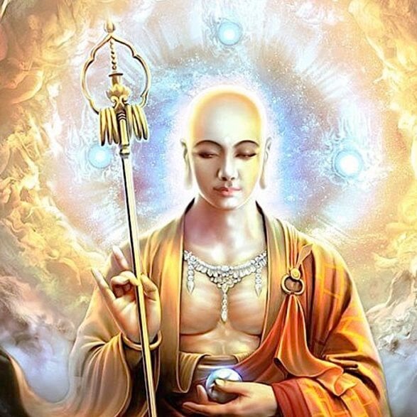 Buddha-Weekly-Ksitigarbha with wish-fulfilling gem-Buddhism The glorious and compassionate Bodhisattva Ksitigarbha — the wish-fulfilling gem. He is especially beloved because of his role as the Bodhisattva who visited the "hell realms" to rescue suffering beings.