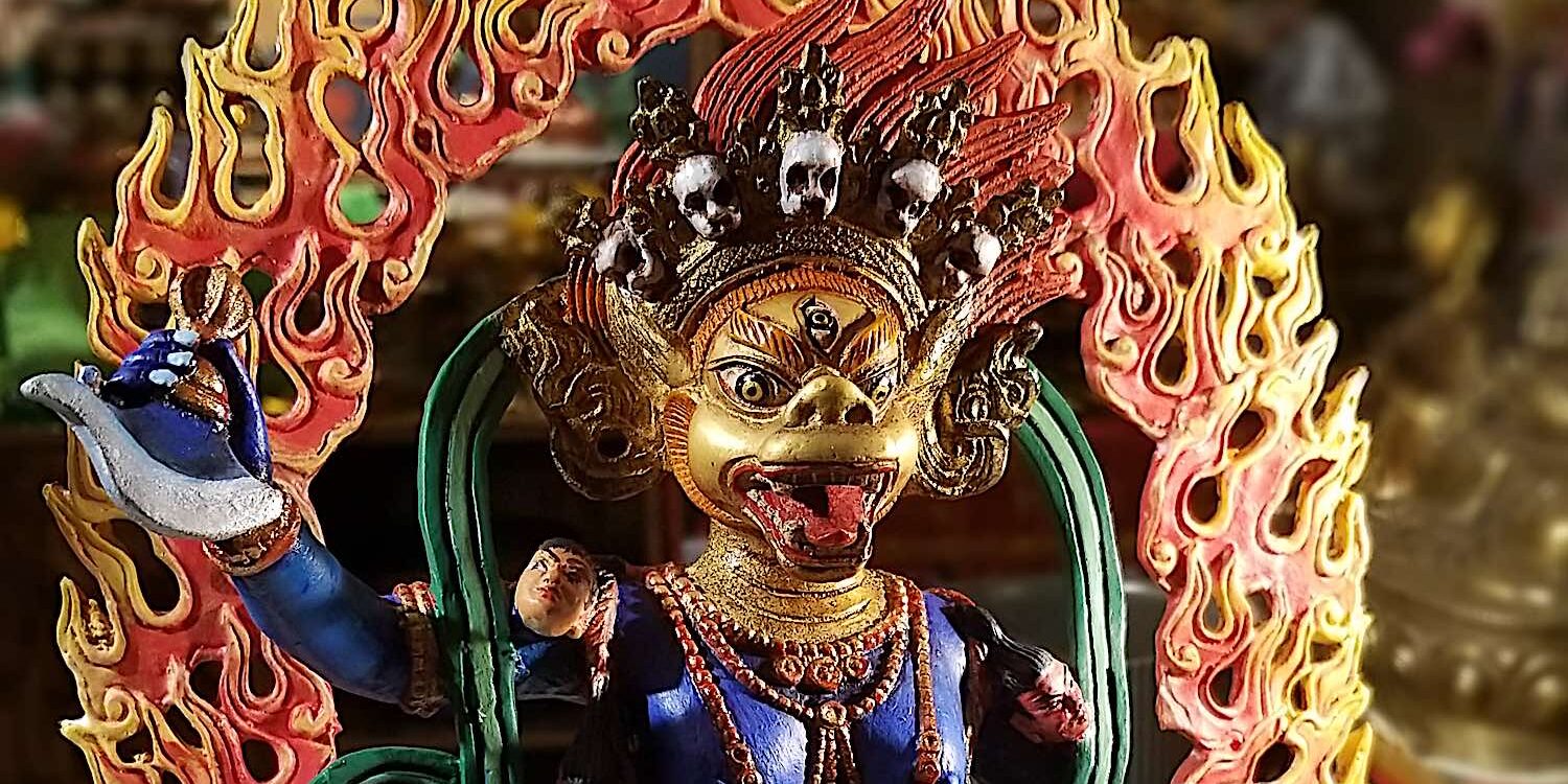 Simhamukha or Senge Dongma, the Lion-Faced Dakini . This is a statue hand thangka painted as an act of devotion by Buddha Weekly's creative director Kam Wai Yu.