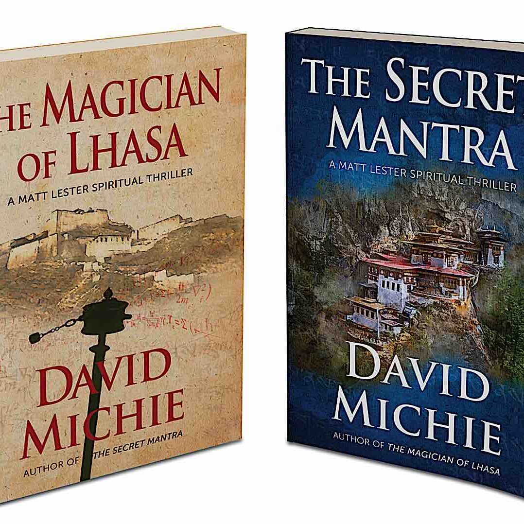 The covers of David Michie's Tibetan Buddhist Thrillers The Secret Mantra and The Magician of Lhasa.