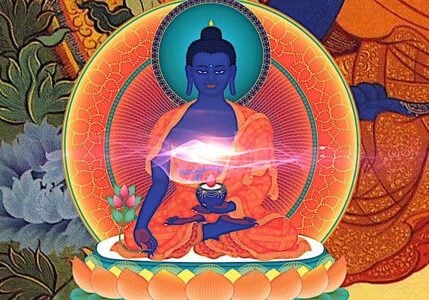 Visualizing healing light at the heart of Medicine Buddha. The light then enters our own body, and we imagine it heals us. This triggers, at least for those of us with faith, an actual healing energy in our bodies.