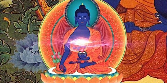 Visualizing healing light at the heart of Medicine Buddha. The light then enters our own body, and we imagine it heals us. This triggers, at least for those of us with faith, an actual healing energy in our bodies.