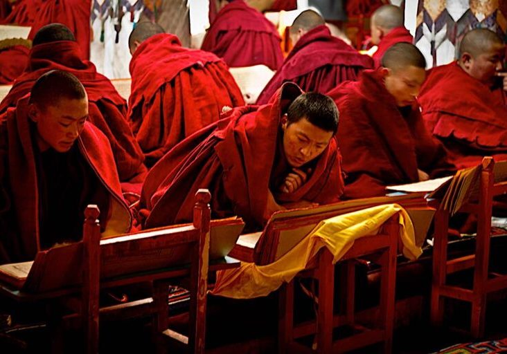 Buddha-Weekly-Monks practicing Sadhana at Drepung Monastery Lhasa Tibet dreamstime_l_47678154-Buddhism Monks practicing Sadhana at a retreat at Drepung Monastery Lhasa, Tibet. Sadhanas are ritualized text that help us learn, but they are also sacred Dharma texts meant to be recited word for word.