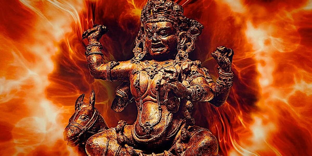 Palden Lhamo's appearance is an iconographical treat, combining all the wrathful symbols of Tibetan Buddhism in one Supreme Mother Protector. 