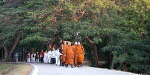 Buddha Weekly Remaining Mindful while walking here in Thailand with a Buddhist monk dreamstime l 167035113 Buddhism custom crop