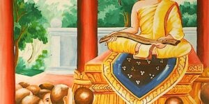 Buddha Weekly Sattapitaka teaching sutra at the First Buddhist Council from a monastery painting in Laos Buddhism custom crop