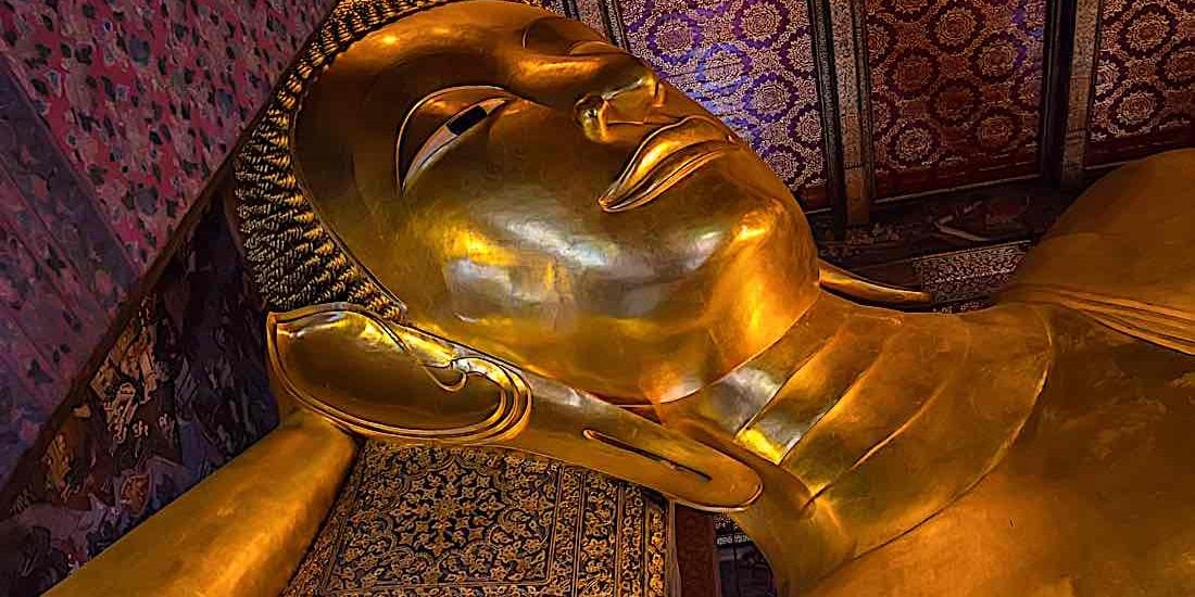 The famous Sleeping Buddha statues portray the paranirvana of Shakyamuni Buddha, the Blessed One.