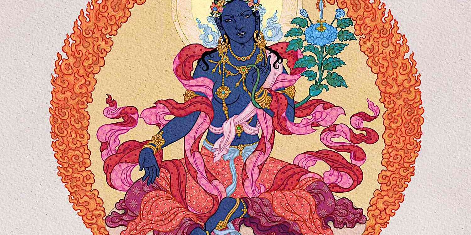 Tara 7 is Tara who is invincible, called Drolma Shyenkyi Mitupma. She is black, with a flaming sword, and her awesome acvitiy dispels war and natural disasters.