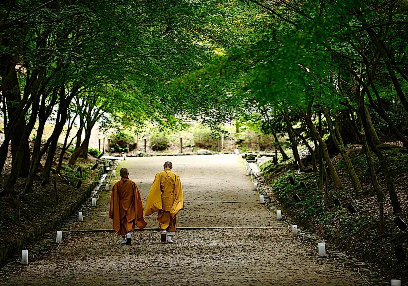 Two monks walking near a temple in Kyoto, Japan.