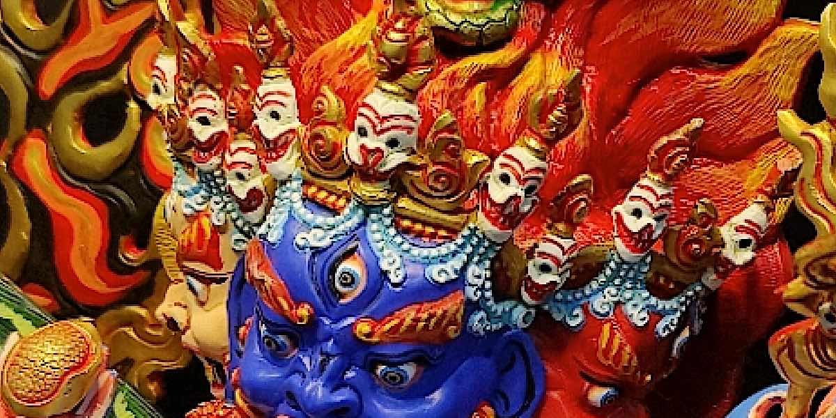 Close up of a beautiful thangka-painted statue of Vajrakilaya by Nepal's Best Statues.