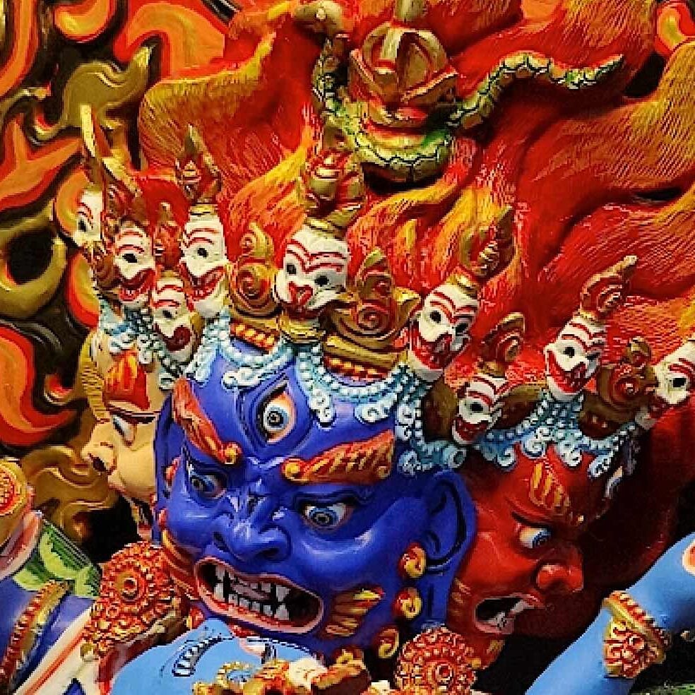 Close up of a beautiful thangka-painted statue of Vajrakilaya by Nepal's Best Statues.