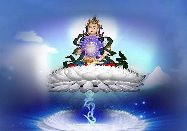Buddha-Weekly-Vajrasattva-heart-wheel-visualization_web copy-Buddhism Vajrasattva with mantra wheel visualization at his heart. He sits on a lotus and radiates light which fills us with purifying nectar.