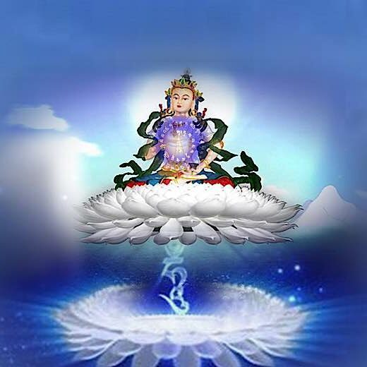 Buddha-Weekly-Vajrasattva-heart-wheel-visualization_web copy-Buddhism Vajrasattva with mantra wheel visualization at his heart. He sits on a lotus and radiates light which fills us with purifying nectar.