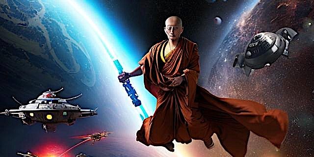 Concept of "monk in space" as a metaphor for Vajrayana — seeing beyond illusory reality. In this metaphor, the monk walking mindfully is Theravada, the monk driving a big bus full of people, fleeing a flaming city is the Mahayana and the Monk piloting in space is the Vajrayana.