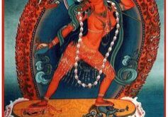 The traditional meditation pose of Vajrayogini, two armed, red, nude, drinking from the blissful nectar in a skullcup.