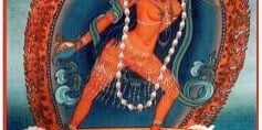 The traditional meditation pose of Vajrayogini, two armed, red, nude, drinking from the blissful nectar in a skullcup.