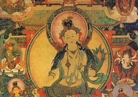 Vasudhara in her most popular form in Tibet, with Two arms, Golden Yellow holding a sheef of corn. She is an aspect of Tara, called Yellow Tara (11th Tara in the Nyingma 21 Taras Lineage), and she is none other than Mother Earth's Enlightened Form, who controls the ten Guardians of the World.